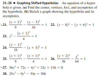 21-28 - Graphing Shifted Hyperbolas An equation of a hyper-
bola is given. (a) Find the center, vertices, foci, and asymptotes of
the hyperbola. (b) Sketch a graph showing the hyperbola and its
asymptotes.
(x + 1) (y – 3)²
21.
1 22. (x – 8)? – (y + 6)² = 1
16
(x + 1)²
= 1
23. у
4
(y – 1)²
– (x + 3)² = 1
24.
25
(x + 1)² (y + 1)²
25.
(y + 2)? x
1 26.
9
4
36
64
27. 36x + 72x - 4y + 32y + 116 = 0
28. 25x - 9y? - 54y = 306
%3!
