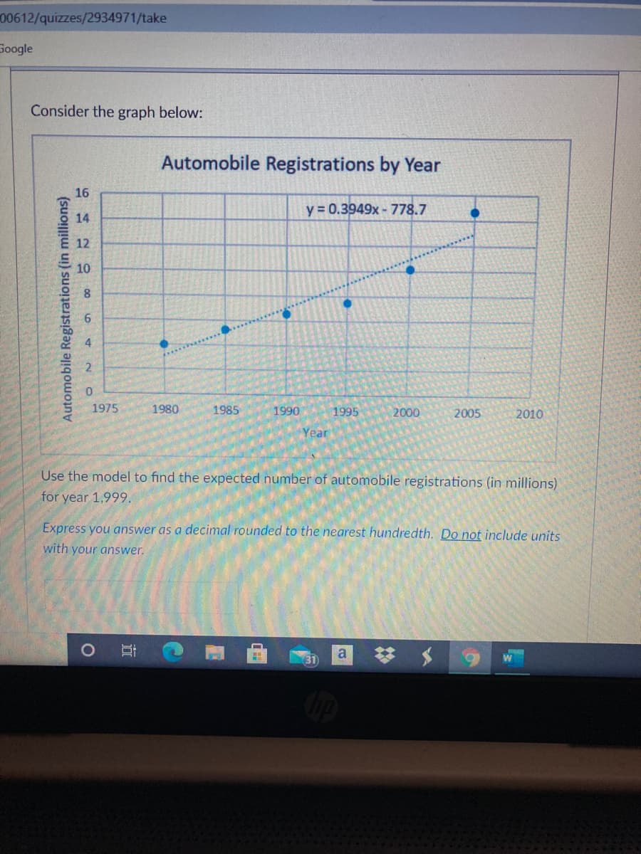 00612/quizzes/2934971/take
Soogle
Consider the graph below:
Automobile Registrations by Year
16
y = 0.3949x- 778.7
14
12
10
8.
6
4
1975
1980
1985
1990
1995
2000
2005
2010
Year
Use the model to find the expected number of automobile registrations (in millions)
for year 1,999.
Express you answer as a decimal rounded to the nearest hundredth. Do not include units
with your answer.
Automobile Registrations (in millions)
立
