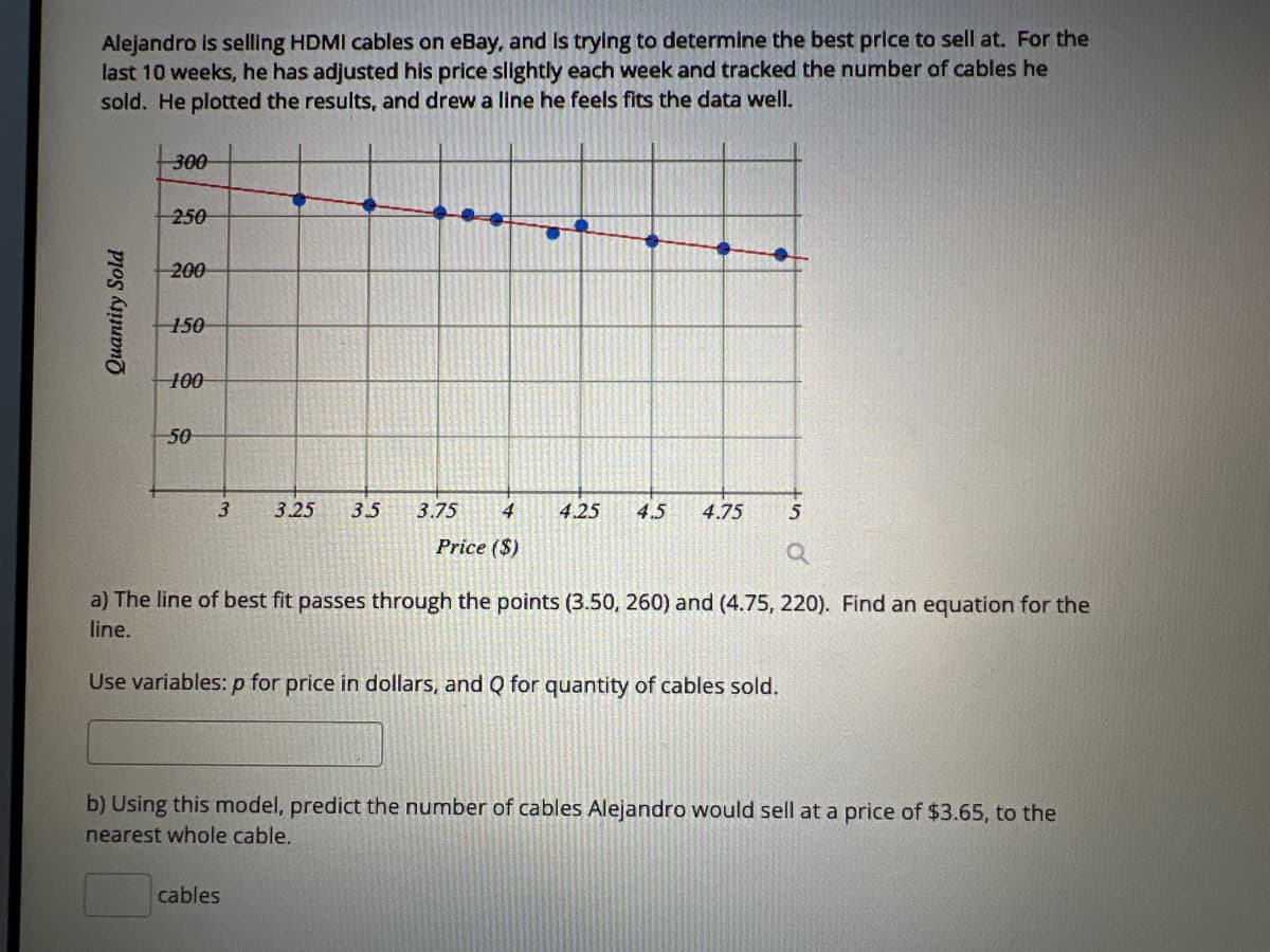 Alejandro is selling HDMI cables on eBay, and Is trying to determine the best price
last 10 weeks, he has adjusted his price slightly each week and tracked the number of cables he
sold. He plotted the results, and drew a line he feels fits the data well.
sell at. For the
300
250
200
150
100
50
3.
3.25
35
3.75
4
4.25
4.5
4.75
5
Price ($)
a) The line of best fit passes through the points (3.50, 260) and (4.75, 220). Find an equation for the
line.
Use variables: p for price in dollars, and Q for quantity of cables sold.
b) Using this model, predict the number of cables Alejandro would sell at a price of $3.65, to the
nearest whole cable.
cables
Quantity Sold
