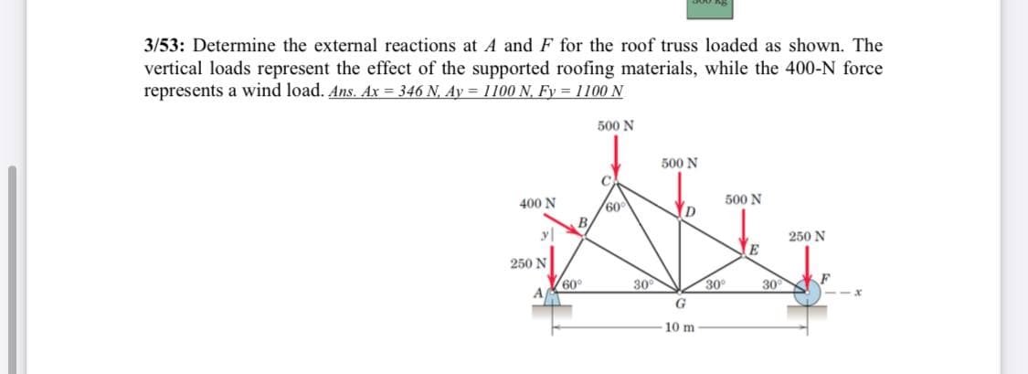 3/53: Determine the external reactions at A and F for the roof truss loaded as shown. The
vertical loads represent the effect of the supported roofing materials, while the 400-N force
represents a wind load. Ans. Ax = 346 N, Ay = 1100 N, Fy = 1100 N
500 N
500 N
C
400 N
500 N
60
D
y|
250 N
E
250 N
60°
30
30
30
G
10 m
