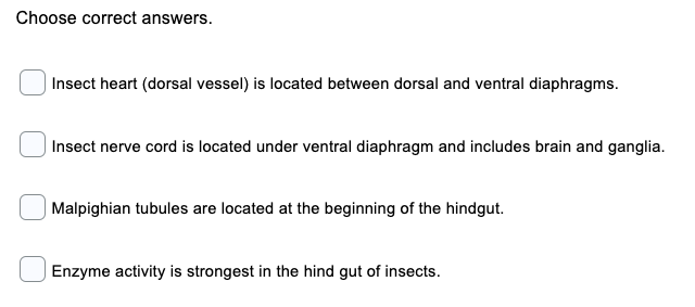 Choose correct answers.
Insect heart (dorsal vessel) is located between dorsal and ventral diaphragms.
| Insect nerve cord is located under ventral diaphragm and includes brain and ganglia.
| Malpighian tubules are located at the beginning of the hindgut.
Enzyme activity is strongest in the hind gut of insects.

