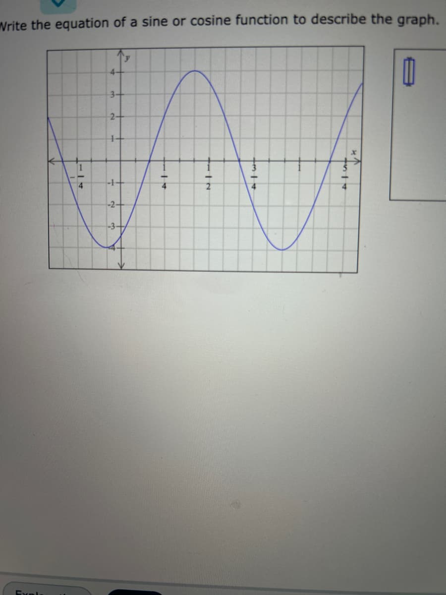 Write the equation of a sine or cosine function to describe the graph.
Exels
1-14
4-
3-
2+
14
-1-
-2-
-3+
114
7-12
F1wt
+514