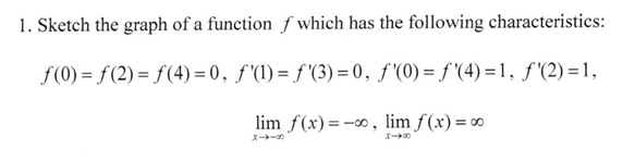 1. Sketch the graph of a function ƒ which has the following characteristics:
f(0) = f(2) = f(4) = 0, ƒ'(1) = f '(3) = 0, f '(0) = f '(4) = 1, ƒ'(2) =1,
lim f(x)=-∞, lim f(x)= ∞
