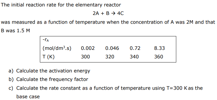The initial reaction rate for the elementary reactor
2A + В > 4C
was measured as a function of temperature when the concentration of A was 2M and that
B was 1.5 M
-rA
(mol/dm³.s)
0.002
0.046
0.72
8.33
Т (К)
300
320
340
360
a) Calculate the activation energy
b) Calculate the frequency factor
c) Calculate the rate constant as a function of temperature using T=300 Kas the
base case

