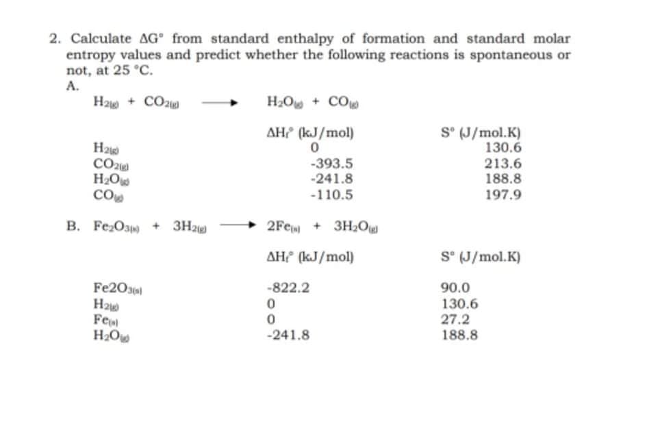 2. Calculate AG from standard enthalpy of formation and standard molar
entropy values and predict whether the following reactions is spontaneous or
not, at 25 °C.
А.
H21 + COz
H2O+ CO
AH (kJ/mol)
S° (J/mol.K)
130.6
H2
CO2
H2O
CO
-393.5
-241.8
-110.5
213.6
188.8
197.9
B. Fe Oa)
3H2
2Fe + 3H2O
AH (kJ/mol)
S° (J/mol.K)
Fe203l
-822.2
90.0
Fel
H2O
130.6
27.2
188.8
-241.8
