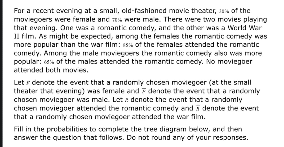 For a recent evening at a small, old-fashioned movie theater, 30% of the
moviegoers were female and 70% were male. There were two movies playing
that evening. One was a romantic comedy, and the other was a World War
II film. As might be expected, among the females the romantic comedy was
more popular than the war film: 85% of the females attended the romantic
comedy. Among the male moviegoers the romantic comedy also was more
popular: 65% of the males attended the romantic comedy. No moviegoer
attended both movies.
Let F denote the event that a randomly chosen moviegoer (at the small
theater that evening) was female and F denote the event that a randomly
chosen moviegoer was male. Let r denote the event that a randomly
chosen moviegoer attended the romantic comedy and R denote the event
that a randomly chosen moviegoer attended the war film.
Fill in the probabilities to complete the tree diagram below, and then
answer the question that follows. Do not round any of your responses.
