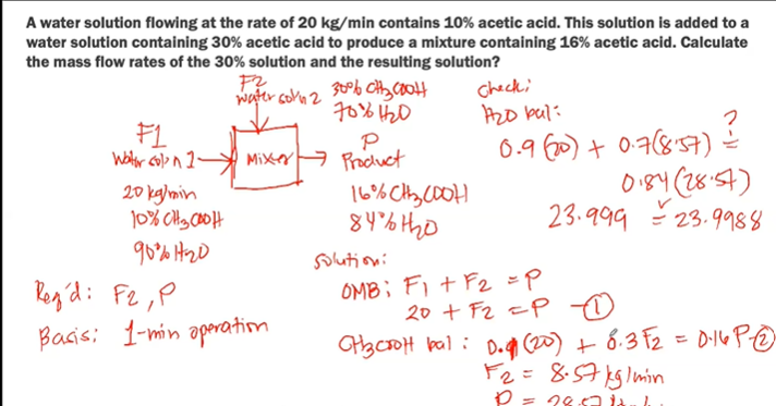 A water solution flowing at the rate of 20 kg/min contains 10% acetic acid. This solution is added to a
water solution containing 30% acetic acid to produce a mixture containing 16% acetic acid. Calculate
the mass flow rates of the 30% solution and the resulting solution?
F?
water soln 2
30% от слон
70%120
FL
P
Water con 1 Mixer Product
Walter coln 2-
20 kg/min
10% CH3COOH
90%120
Rez'd: F2, P
Basis: 1-min operation
16%CH3₂0007
84%6170
solution:
Checki
120 bal
0.9 (20) + 0.7(857)
0184(2857)
23.999 23.9988
OMB; Fi+F2 = P
20 + F2 =P 0
2
Otz crot bal: D. (20) + 8.3F₂ = 0·16 PE
F2 = 8.57 kg/min
P = 28.52 is