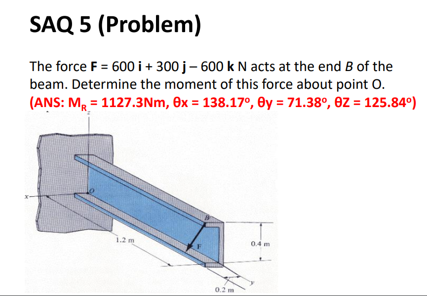 se
SAQ 5 (Problem)
The force F = 600 i + 300 j - 600 k N acts at the end B of the
beam. Determine the moment of this force about point O.
(ANS: MR = 1127.3Nm, 0x = 138.17°, 0y = 71.38°, 0Z = 125.84°)
1.2 m
0.2 m
0.4 m