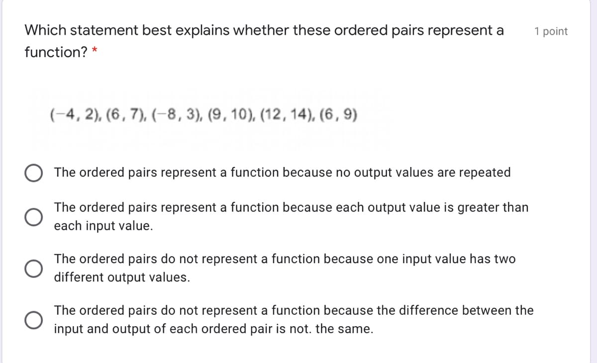 Which statement best explains whether these ordered pairs represent a
1 point
function? *
(-4, 2), (6, 7), (-8, 3), (9, 10), (12, 14), (6, 9)
The ordered pairs represent a function because no output values are repeated
The ordered pairs represent a function because each output value is greater than
each input value.
The ordered pairs do not represent a function because one input value has two
different output values.
The ordered pairs do not represent a function because the difference between the
input and output of each ordered pair is not. the same.
