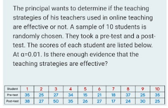The principal wants to determine if the teaching
strategies of his teachers used in online teaching
are effective or not. A sample of 10 students is
randomly chosen. They took a pre-test and a post-
test. The scores of each student are listed below.
At a=0.01. Is there enough evidence that the
teaching strategies are effective?
Student
2
25
3
4
6
7.
9
t0
35
27
34
15
21
18
37
25
35
Pre-test
Post-test
38
27
50
35
26
27
17
24
30
25
