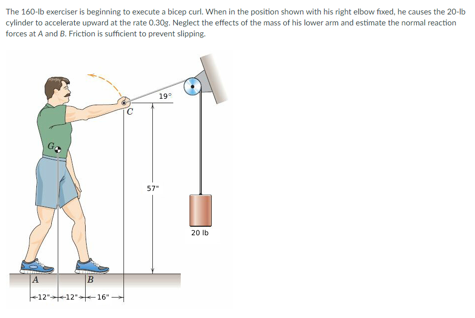 The 160-lb exerciser is beginning to execute a bicep curl. When in the position shown with his right elbow fixed, he causes the 20-lb
cylinder to accelerate upward at the rate 0.30g. Neglect the effects of the mass of his lower arm and estimate the normal reaction
forces at A and B. Friction is sufficient to prevent slipping.
A
B
<12" 12" 16".
C
19°
57"
20 lb