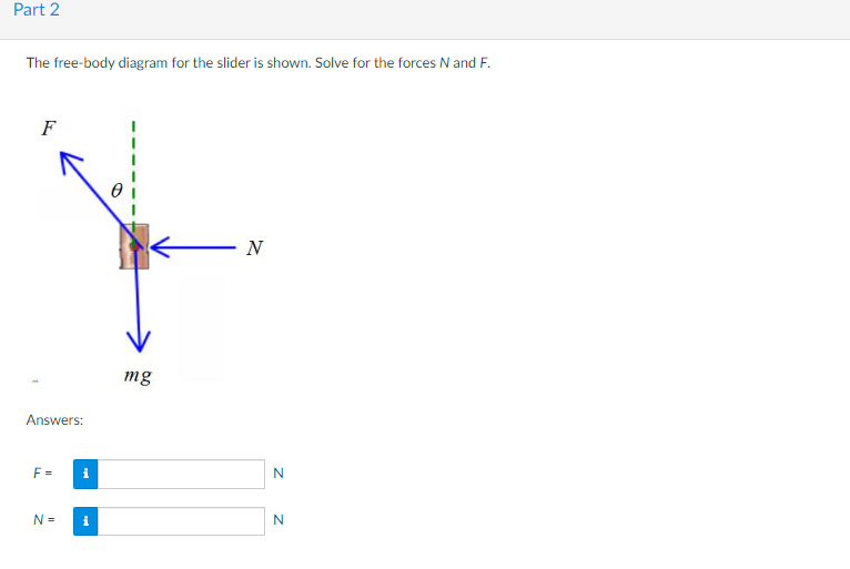 Part 2
The free-body diagram for the slider is shown. Solve for the forces N and F.
F
Answers:
F=
N=
i
i
mg
N
N
N
