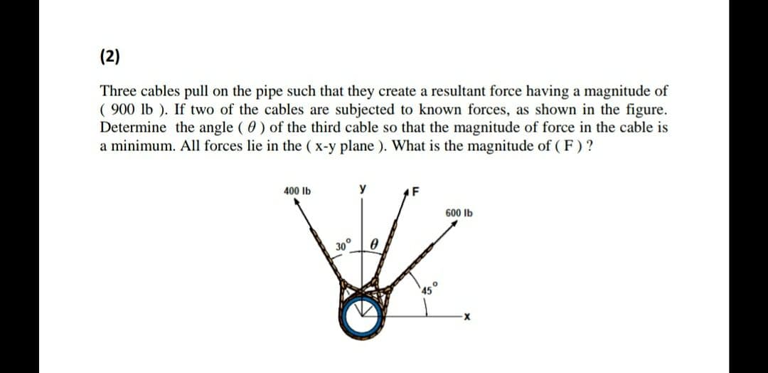 (2)
Three cables pull on the pipe such that they create a resultant force having a magnitude of
( 900 lb ). If two of the cables are subjected to known forces, as shown in the figure.
Determine the angle ( 0) of the third cable so that the magnitude of force in the cable is
a minimum. All forces lie in the (x-y plane ). What is the magnitude of ( F)?
400 Ib
y
F
600 Ib
30°
45°
