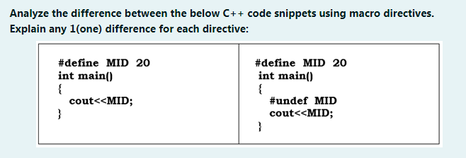 Analyze the difference between the below C++ code snippets using macro directives.
Explain any 1(one) difference for each directive:
#define MID 20
#define MID 20
int main()
{
cout<<MID;
}
int main()
{
#undef MID
cout<<MID;
}
