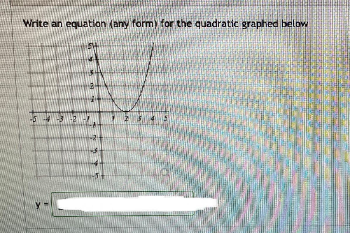 Write an equation (any form) for the quadratic graphed below
-5 -4 -3 -2 -7
I2345
-2
-5+
y%3D
