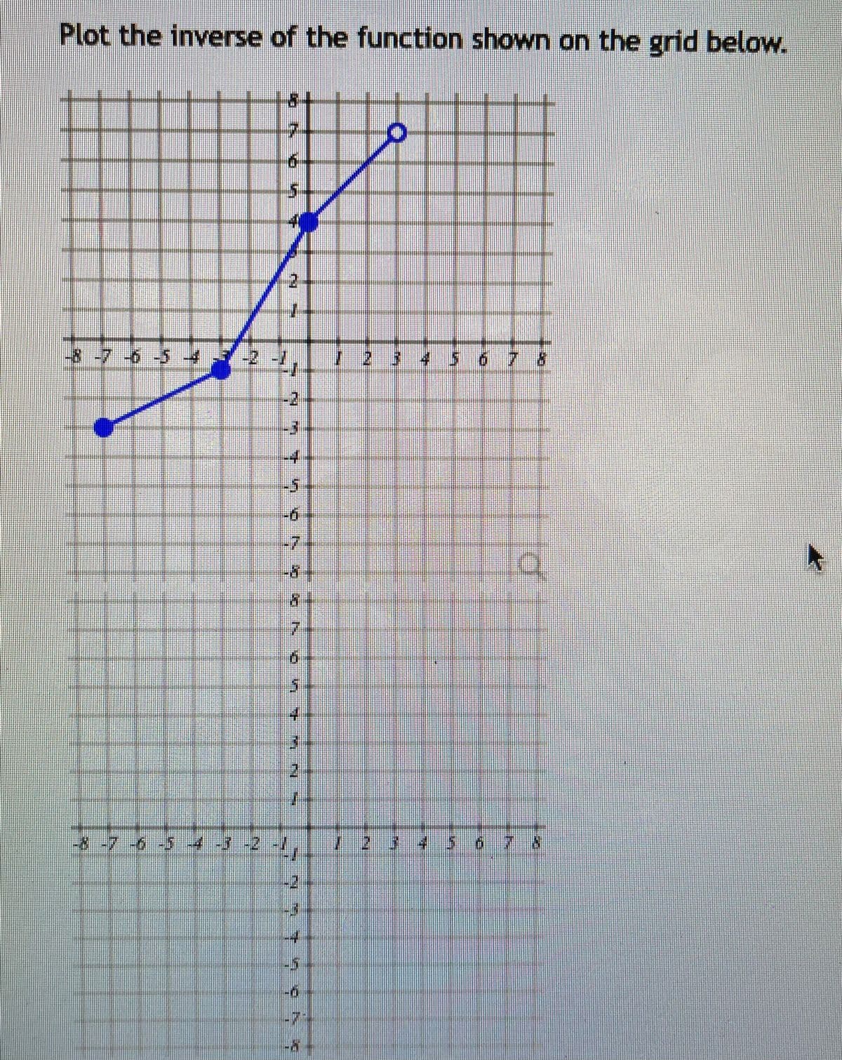 Plot the inverse of the function shown on the grid below.
2.
-8-7-6-5 -4
2-L,
I2 3 45 6 7 8
-2
-4
:7
84
7,
-8-7-6 -5-4 -3 -2 -1,
12345 6
-2
-4
-5
-6
