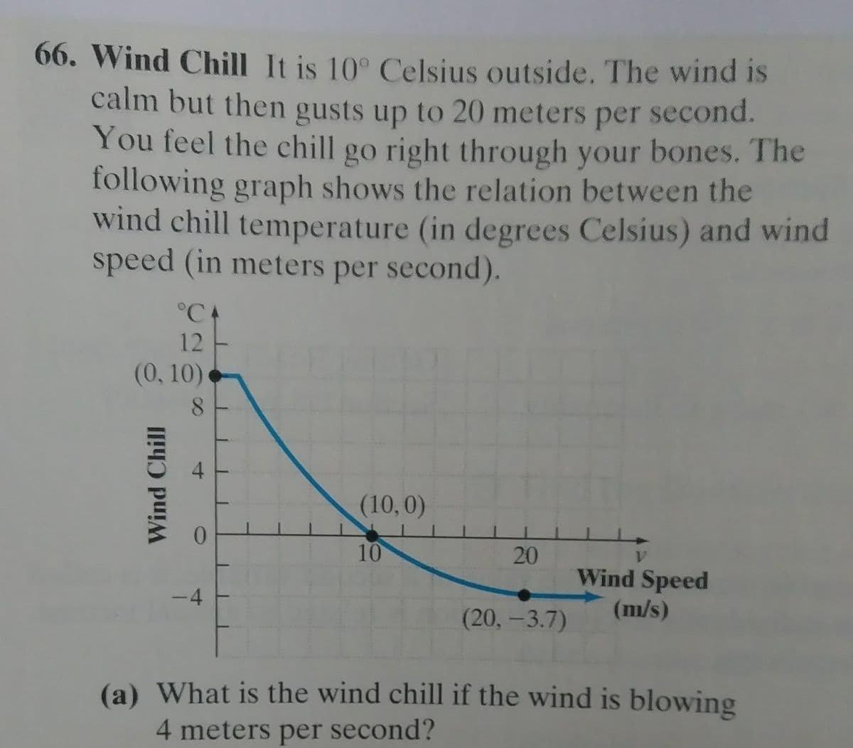 66. Wind Chill It is 10° Celsius outside. The wind is
calm but then gusts up to 20 meters per second.
You feel the chill go right through your bones. The
following graph shows the relation between the
wind chill temperature (in degrees Celsius) and wind
speed (in meters per second).
°C4
12 -
(0,10)
(10,0)
0.
10
20
Wind Speed
(m/s)
(20, -3.7)
(a) What is the wind chill if the wind is blowing
4 meters per second?
8.
4.
4.
Wind Chill
