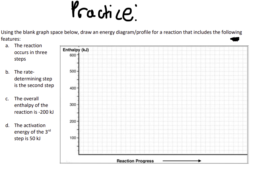 Using the blank graph space below, draw an energy diagram/profile for a reaction that includes the following
features:
a. The reaction
Enthalpy (kJ)
occurs in three
600
steps
b. The rate-
500
determining step
is the second step
400
c. The overall
enthalpy of the
300
reaction is -200 kJ
d. The activation
200
energy of the 3rd
step is 50 kJ
100-
Reaction Progress