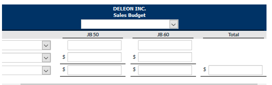 DELEON INC.
Sales Budget
JB 50
JB 60
Total
24
%24
24
