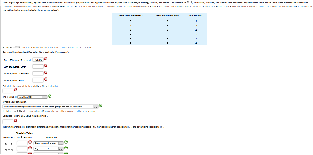 In the digital age of marketing, special care must be taken to ensure that programmatic ads appear on websites allgned with a company's strategy, culture, and ethics. For example, In 2017, Nordstrom, Amazon, and Whole Foods esch faced boycotts from social media users when automated ads for these
companles showed up on the Braltbart website (Chlatarkater.com website). It is Important for marketing professionals to understand a company's values and culture. The following data are from an experiment designed to imvestigate the perception of corporate ethical values among individuals speciallzing in
marketing (higher scores indicate higher ethical values).
Marketing Managers
Marketing Research
Advertising
11
12
11
10
11
11
a. Use a- 0.05 to test for a significant difference in perception among the three groups.
Compute the values Identified below (to 2 decimals, if necessary).
Sum of Squares, Treatment
61.00 0
Sum of Squares, Error
Mean Squares, Treatment
Mean Squares, Error
Calculate the value of the test statistic (to 2 decimals).
The p-value is lea then 0.01
What is your conclusion?
Conclude the meen perception score for the thre groups ere not ell the seme
b. Using a- 0.05, determine where differences between the mean perception scores occur.
Calculate Fisher's LSD value (to 2 decimals).
Test whether there is a significant difference between the means for marketing managers (1), marketing research specialsts (2), and advertising speciallsts (3)
Absolute Value
Difference (to l decimal)
Conclusion
Osignificent difference O
Significent difference
