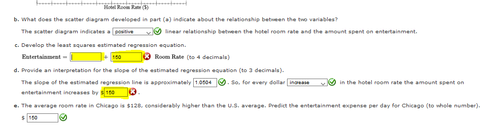 Hotel Room Rate (S)
b. What does the scatter diagram developed in part (a) indicate about the relationship between the two variables?
The scatter diagram indicates a positive
vO linear relationship between the hotel room rate and the amount spent on entertainment.
c. Develop the least squares estimated regression equation.
Entertainment = ||
+ 150
* Room Rate (to 4 decimals)
d. Provide an interpretation for the slope of the estimated regression equation (to 3 decimals).
The slope of the estimated regression line is approximately 1.0504 V. So, for every dollar increase
O in the hotel room rate the amount spent on
entertainment increases by $ 150
e. The average room rate in Chicago is $128, considerably higher than the U.S. average. Predict the entertainment expense per day for Chicago (to whole number).
$ 150
