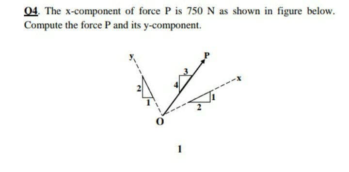 04. The x-component of force P is 750 N as shown in figure below.
Compute the force P and its y-component.
1
