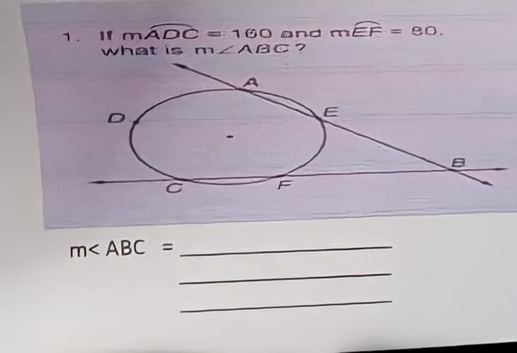 1.
IT MAD ć 100 and mEF
100 nd mEE
80.
%3D
what is ZABC?
m< ABC =
