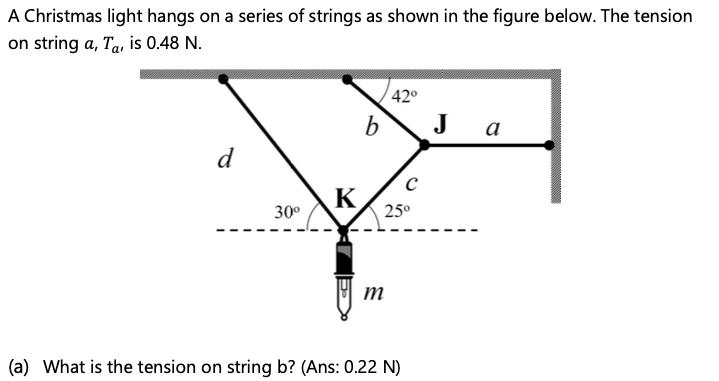 A Christmas light hangs on a series of strings as shown in the figure below. The tension
on string a, Ta, is 0.48 N.
42°
a
d
30⁰
m
(a) What is the tension on string b? (Ans: 0.22 N)
K
b
с
25⁰
J