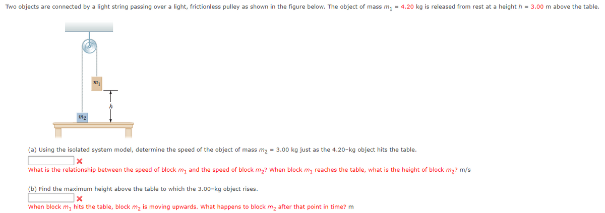 Two objects are connected by a light string passing over a light, frictionless pulley as shown in the figure below. The object of mass m, = 4.20 kg is released from rest at a height h = 3.00 m above the table.
(a) Using the isolated system model, determine the speed of the object of mass m2 = 3.00 kg just as the 4.20-kg object hits the table.
What is the relationship between the speed of block m, and the speed of block m2? When block m, reaches the table, what is the height of block m2? m/s
(b) Find the maximum height above the table to which the 3.00-kg object rises.
When block m1 hits the table, block m2 is moving upwards. What happens to block m2 after that point in time? m
