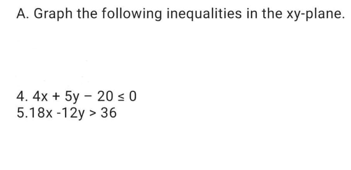 A. Graph the following inequalities in the xy-plane.
4. 4x + 5y – 20 s 0
5.18x -12y > 36
