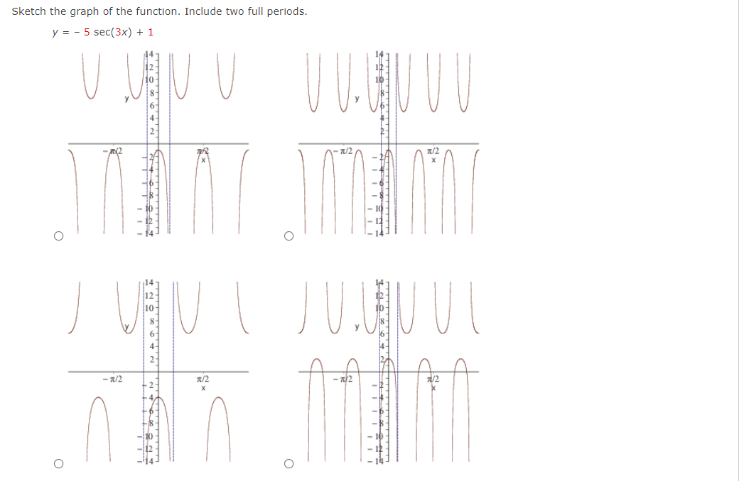 Sketch the graph of the function. Include two full periods.
y = - 5 sec(3x) + 1
n/2
A/2
- R/2
a/2
a/2
