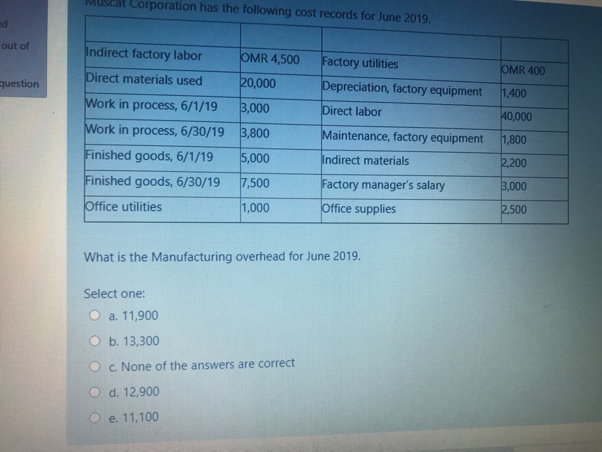 Corporation has the following cost records for June 2019.
ed
out of
Indirect factory labor
OMR 4,500
Factory utilities
OMR 400
Direct materials used
question
20,000
Depreciation, factory equipment
1,400
Work in process, 6/1/19
3,000
Direct labor
40,000
Work in process, 6/30/19 3,800
Maintenance, factory equipment
1,800
Finished goods, 6/1/19
5,000
Indirect materials
2,200
Finished goods, 6/30/19
7,500
Factory manager's salary
3,000
Office utilities
1,000
Office supplies
2,500
What is the Manufacturing overhead for June 2019.
Select one:
O a. 11,900
O b. 13,300
Oc. None of the answers are correct
O d. 12,900
O e. 11,100
