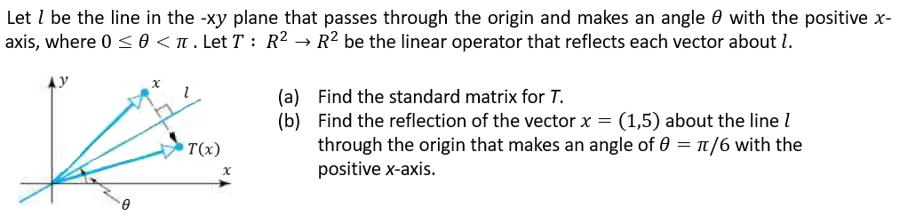Let I be the line in the -xy plane that passes through the origin and makes an angle with the positive x-
axis, where 0 ≤ 0 <. Let T: R² R² be the linear operator that reflects each vector about 1.
0
2
T(x)
(a)
(b)
Find the standard matrix for T.
Find the reflection of the vector x = (1,5) about the line 1
through the origin that makes an angle of 0 = 1
π/6 with the
positive x-axis.