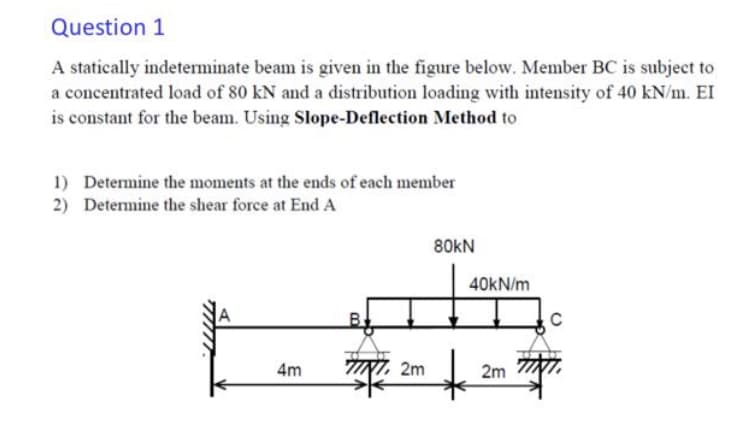 Question 1
A statically indeterminate beam is given in the figure below. Member BC is subject to
a concentrated load of 80 kN and a distribution loading with intensity of 40 kN/m. EI
is constant for the beam. Using Slope-Deflection Method to
1) Determine the moments at the ends of each member
2) Determine the shear force at End A
80kN
40KN/m
4m
2m
2m
