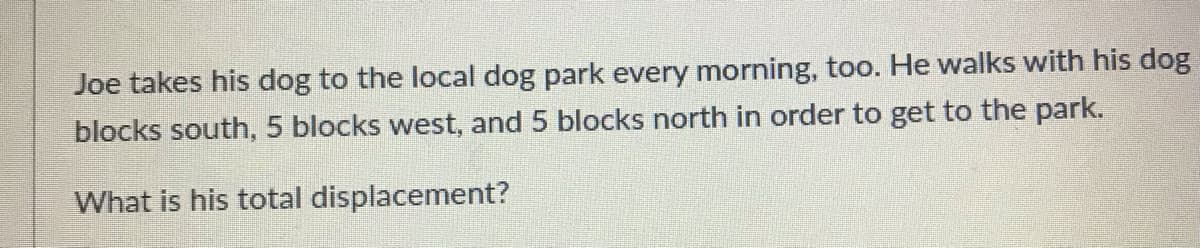 Joe takes his dog to the local dog park every morning, too. He walks with his dog
blocks south, 5 blocks west, and 5 blocks north in order to get to the park.
What is his total displacement?
