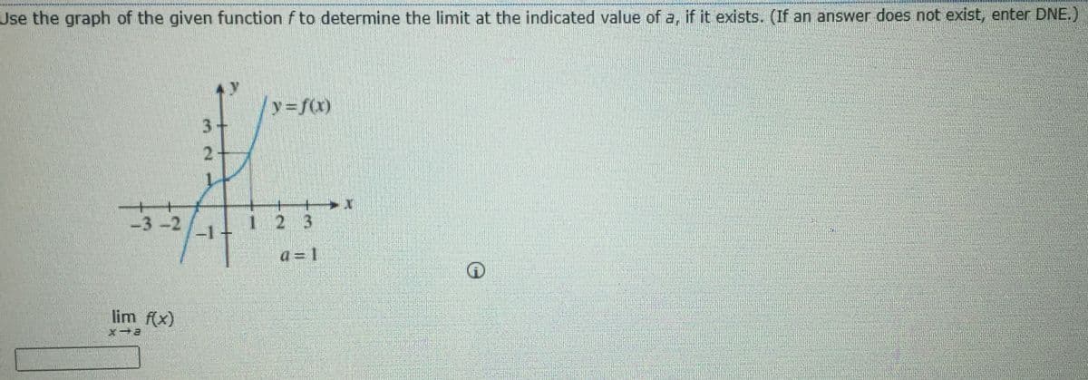 Use the graph of the given function f to determine the limit at the indicated value of a, if it exists. (If an answer does not exist, enter DNE.)
/y=f(x)
3+
-3-2
12 3
-1-
a = 1
lim f(x)
