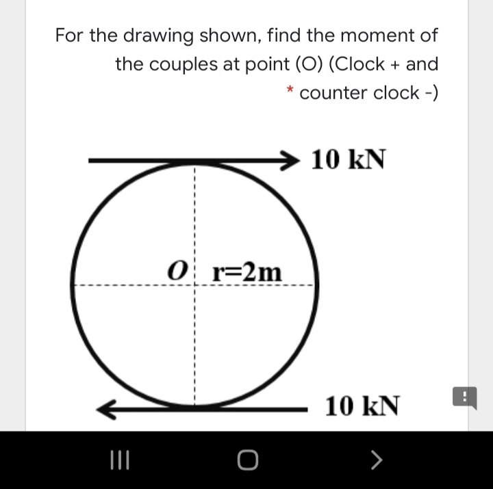 For the drawing shown, find the moment of
the couples at point (O) (Clock + and
counter clock -)
10 kN
0 r=2m
10 kN
