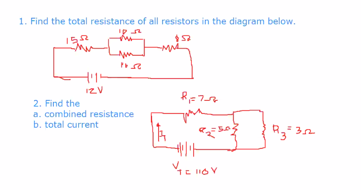 1. Find the total resistance of all resistors in the diagram below.
ק1
1552
12V
2. Find the
a. combined resistance
b. total current
R= 32
