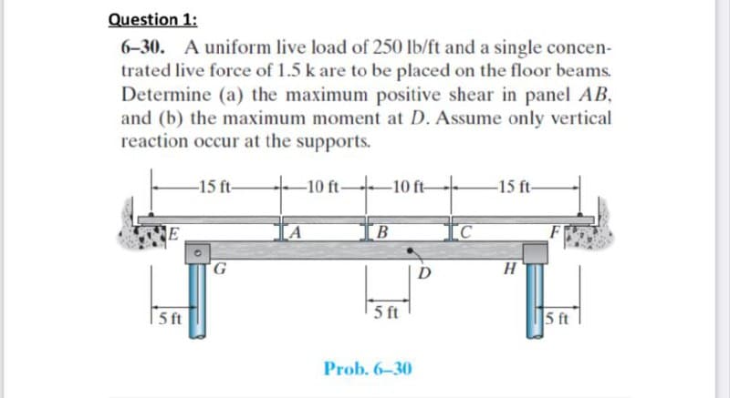 Question 1:
6-30. A uniform live load of 250 lb/ft and a single concen-
trated live force of 1.5 k are to be placed on the floor beams.
Determine (a) the maximum positive shear in panel AB,
and (b) the maximum moment at D. Assume only vertical
reaction occur at the supports.
–15 ft-
-10 ft-
-10 ft-
-15 ft-
G
D
| 5 ft
5 ft
5 ft
Prob. 6-30
