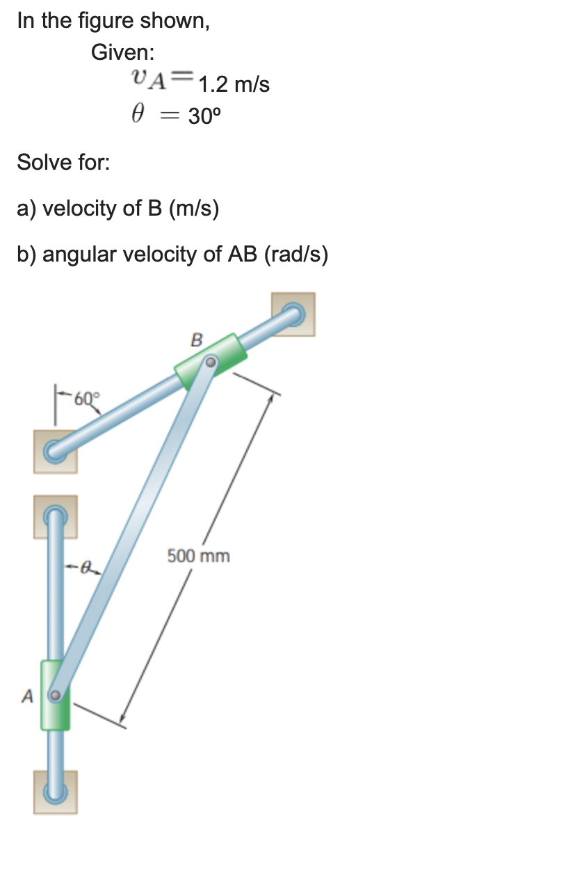 In the figure shown,
Given:
VA=1.2 m/s
= 30°
Solve for:
a) velocity of B (m/s)
b) angular velocity of AB (rad/s)
- 60°
500 mm
