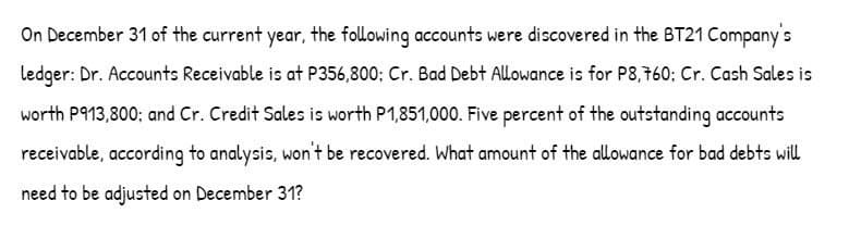 On December 31 of the current year, the following accounts were discovered in the BT21 Company's
ledger: Dr. Accounts Receivable is at P356,800; Cr. Bad Debt Allowance is for P8,760; Cr. Cash Sales is
worth P913,800; and Cr. Credit Sales is worth P1,851,000. Five percent of the outstanding accounts
receivable, according to analysis, won't be recovered. What amount of the allowance for bad debts will
need to be adjusted on December 31?