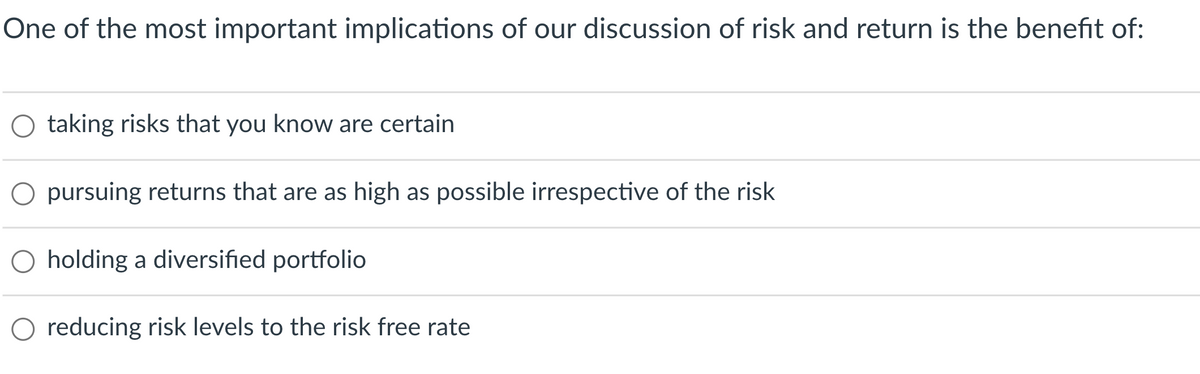 One of the most important implications of our discussion of risk and return is the benefit of:
O taking risks that you know are certain
O pursuing returns that are as high as possible irrespective of the risk
O holding a diversified portfolio
O reducing risk levels to the risk free rate
