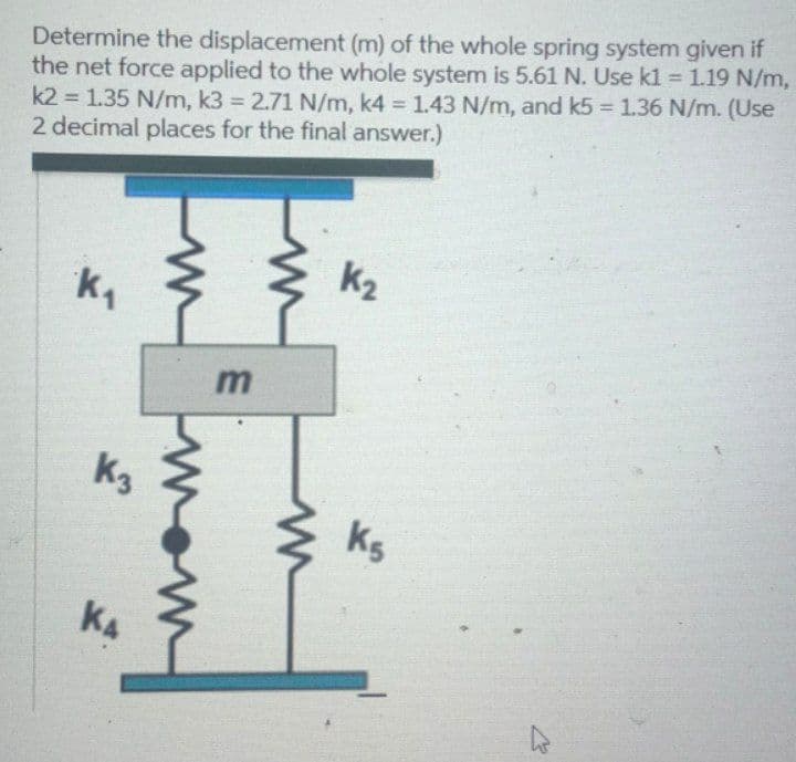 Determine the displacement (m) of the whole spring system given if
the net force applied to the whole system is 5.61 N. Use kl = 1.19 N/m,
k2 = 1.35 N/m, k3 = 2.71 N/m, k4 1.43 N/m, and k5 1.36 N/m. (Use
2 decimal places for the final answer.)
%3D
%3D
%3D
k2
k,
k3
Ks
KA
