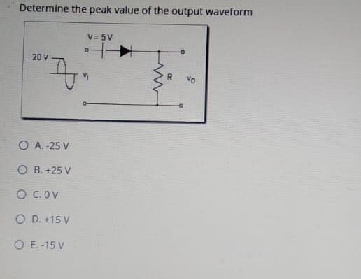Determine the peak value of the output waveform
V= 5V
20 V
R
O A. -25 V
O B. +25 V
O C.OV
O D. +15 V
O E. -15 V
