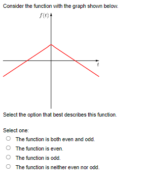 Consider the function with the graph shown below.
1(0)4
Select the option that best describes this function.
Select one:
The function is both even and odd.
The function is even.
The function is odd.
The function is neither even nor odd.