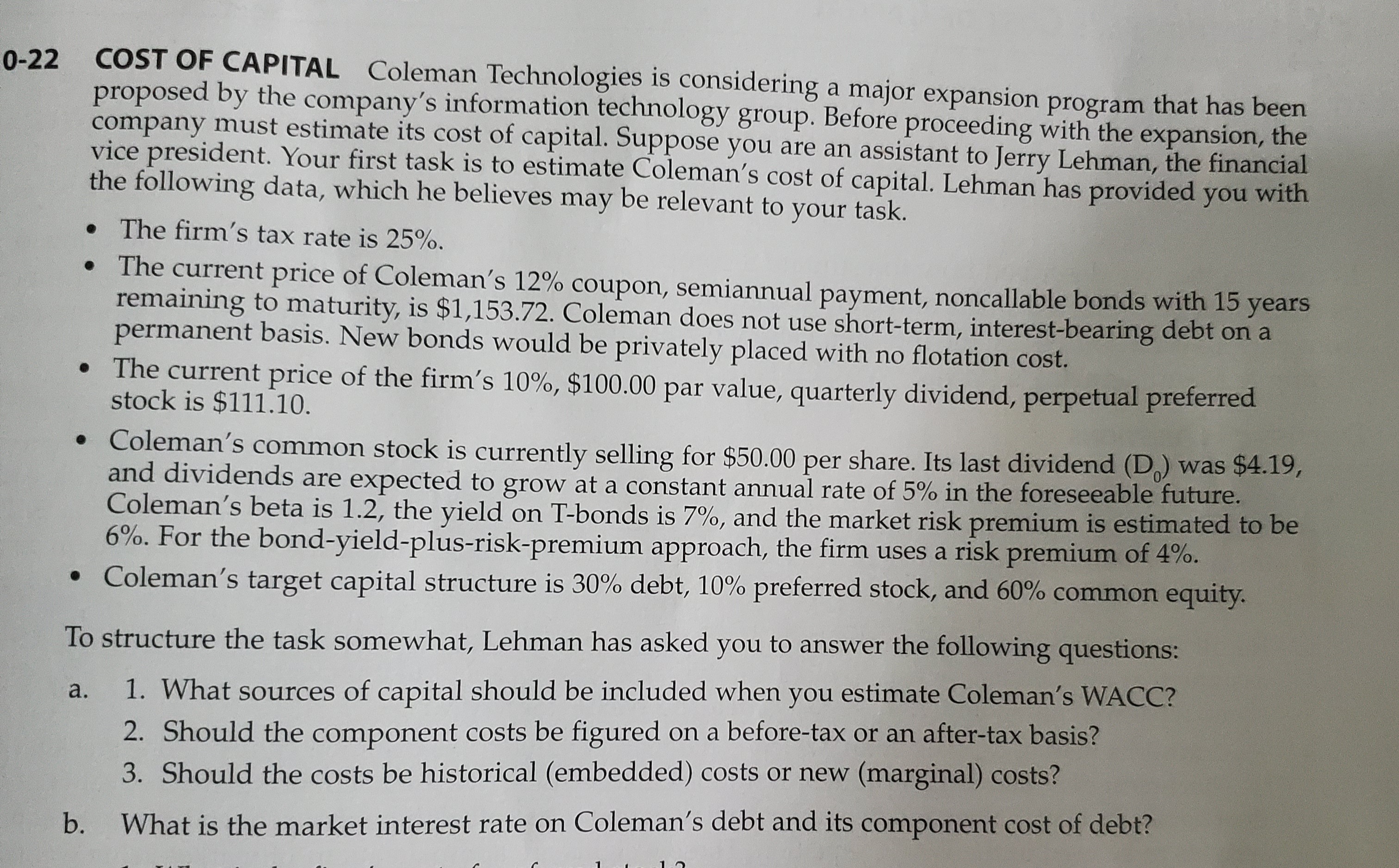 b. What is the market interest rate on Coleman's debt and its component cost of debt?
