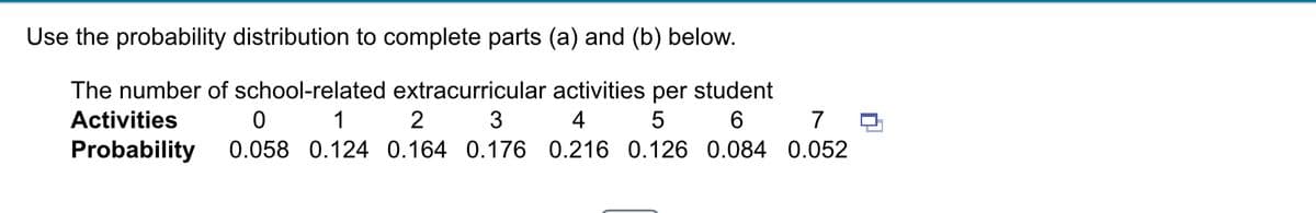 Use the probability distribution to complete parts (a) and (b) below.
The number of school-related extracurricular activities per student
Activities
6
0
1
2
3
4
5
Probability 0.058 0.124 0.164 0.176 0.216 0.126
7
0.084 0.052
n