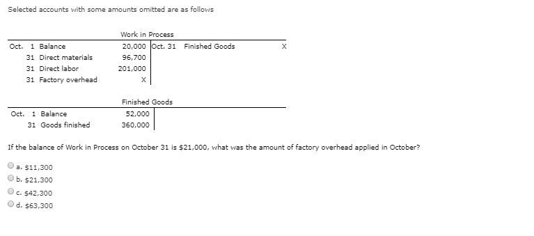 Selected accounts with some amounts omitted are as follows
Work in Process
Oct.
1 Balance
20,000 Oct. 31
Finished Goods
х
31 Direct materials
96,700
31 Direct labor
201,000
31 Factory overhead
х
Finished Goods
Oct.
1 Balance
52,000
31 Goods finished
360,000
If the balance of Work in Process on October 31 is $21,000, what was the amount of factory overhead applied in October?
a. $11,300
b. $21,300
C. $42,300
d. $63,300
