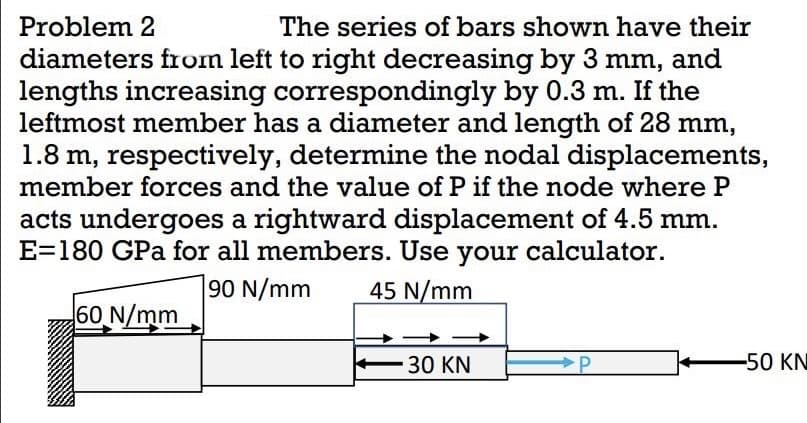 Problem 2
The series of bars shown have their
diameters from left to right decreasing by 3 mm, and
lengths increasing correspondingly by 0.3 m. If the
leftmost member has a diameter and length of 28 mm,
1.8 m, respectively, determine the nodal displacements,
member forces and the value of P if the node where P
acts undergoes a rightward displacement of 4.5 mm.
E=180 GPa for all members. Use your calculator.
90 N/mm 45 N/mm
60 N/mm
30 KN
-50 KN