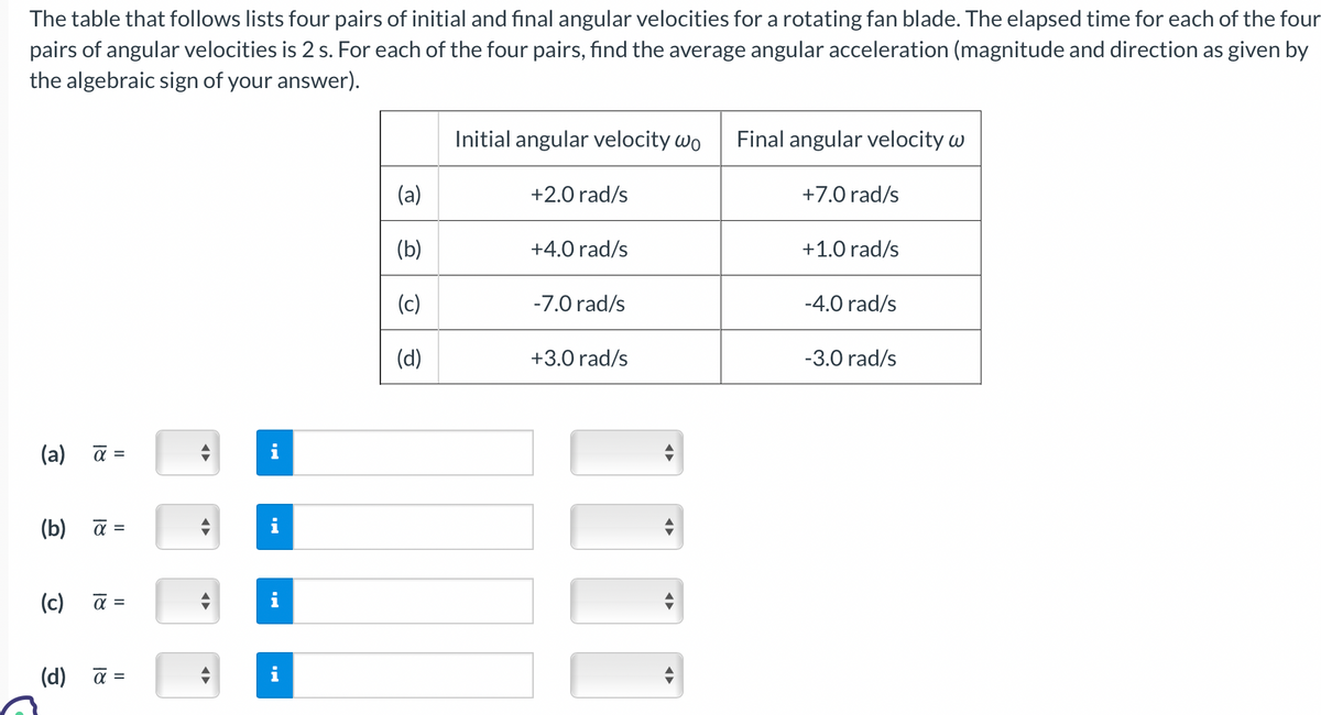 The table that follows lists four pairs of initial and final angular velocities for a rotating fan blade. The elapsed time for each of the four
pairs of angular velocities is 2 s. For each of the four pairs, find the average angular acceleration (magnitude and direction as given by
the algebraic sign of your answer).
(a) a =
(b) a =
(c)
α =
(d) a =
◄►
←
IN
i
IN
(a)
(b)
(c)
(d)
Initial angular velocity wo Final angular velocity w
+2.0 rad/s
+4.0 rad/s
-7.0 rad/s
+3.0 rad/s
+7.0 rad/s
+1.0 rad/s
-4.0 rad/s
-3.0 rad/s